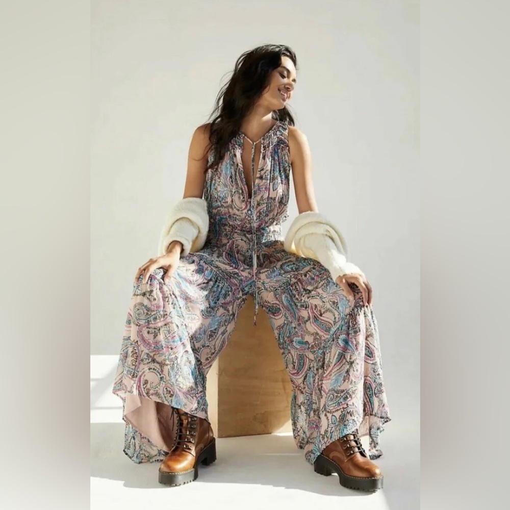 Free People Metallic Gold Dust Jumpsuit Wide Leg Printed Nude Teal Pink S NWOT